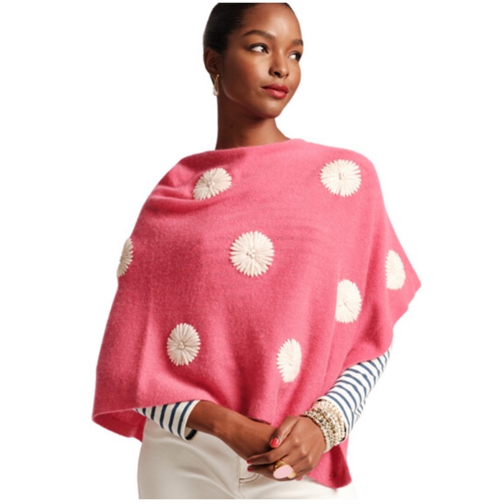 NWT Frances Valentine Le Petite Poncho Embroidered Flowers, Pink/Oyster